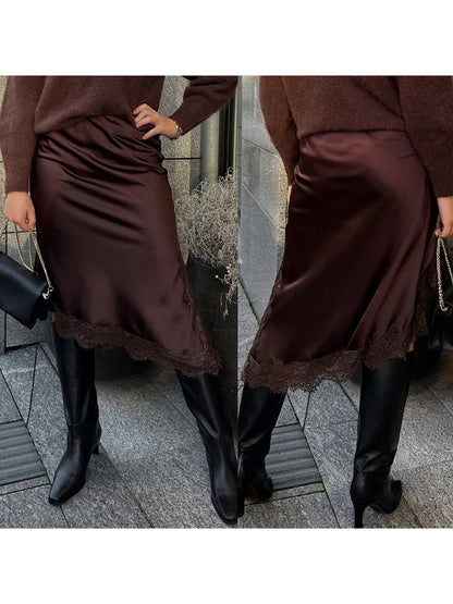 Women Satin Lace Trim Midi Skirt Polka Dot Print High Waist A-Line Skirts Vintage Silk Going Out Dress Y2k Streetwear Clubwear