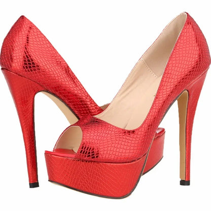 Women Sandals Sexy Pumps Patent Leather Platform Crocodile Pattern 14cm High Heels Peep Toe Stilettos Party Dress Wedding Shoes
