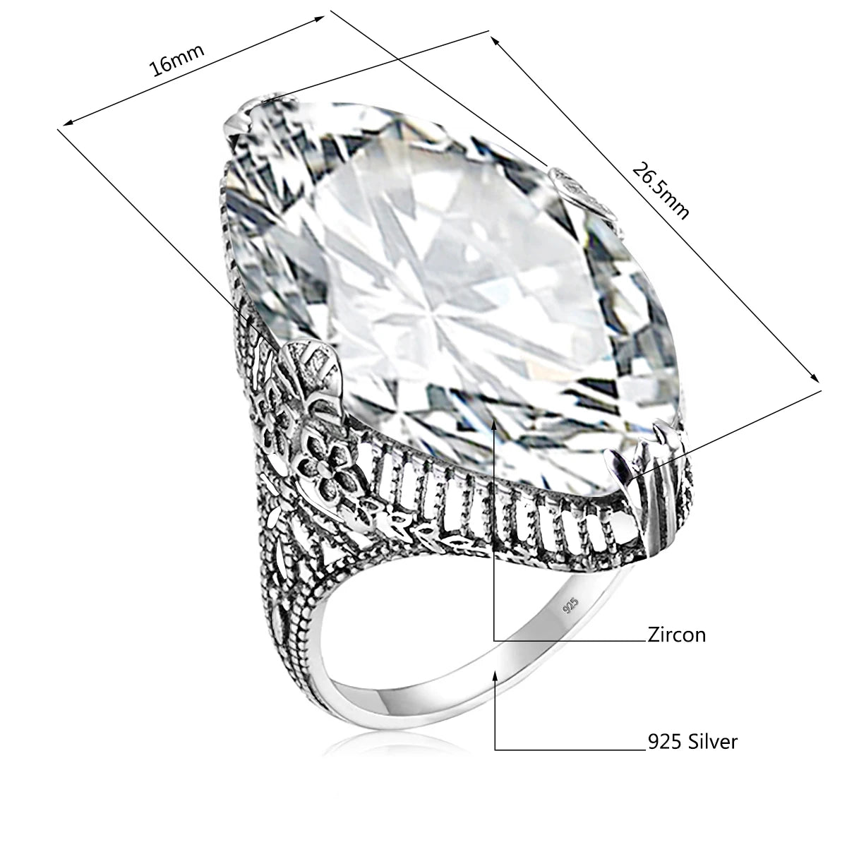 Marquise Stone Amethyst Ring 925 Antique Silver For Women Trend Luxury Party Jewelry Birthstone Gems Unique Handmade Gift