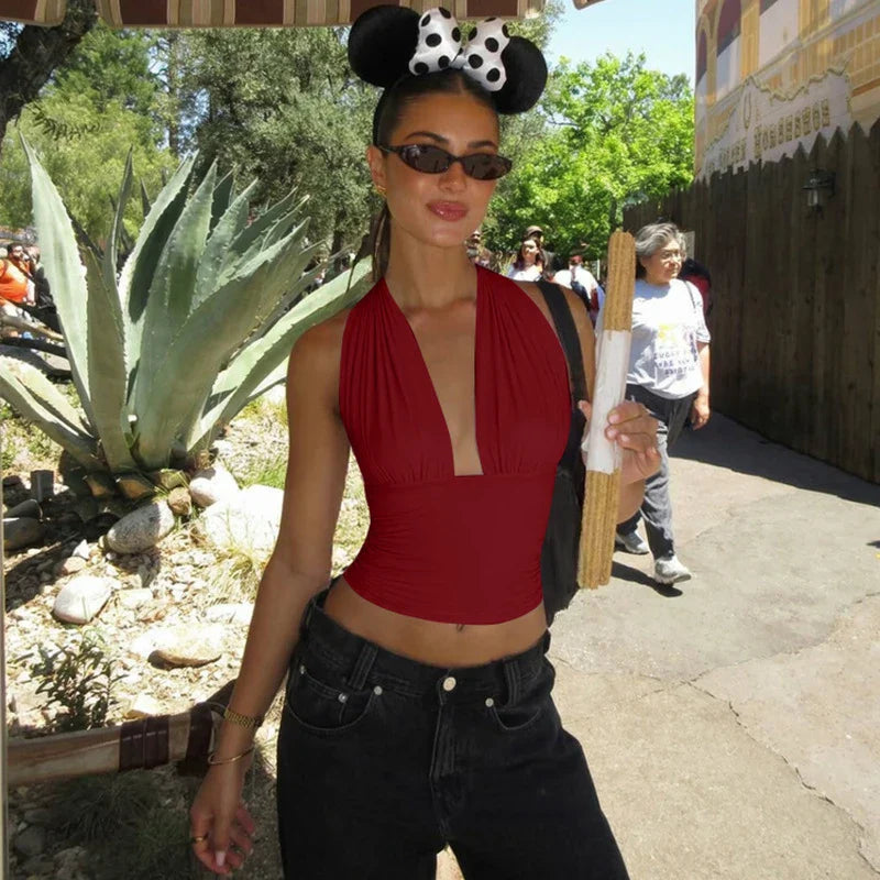 Halter Neck Backless Sexy Vest Women's Summer Slim Strappy Fashion Elasticity V-Neck Vest Solid Vacation Party Female Top 2026