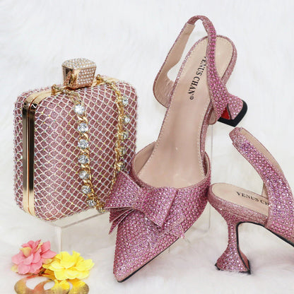 Bridal High Heels for Women 2023 Pointed Toe With Bows Gold Color Rhinestone  Elegant Party Wedding Shoe and Bag Set