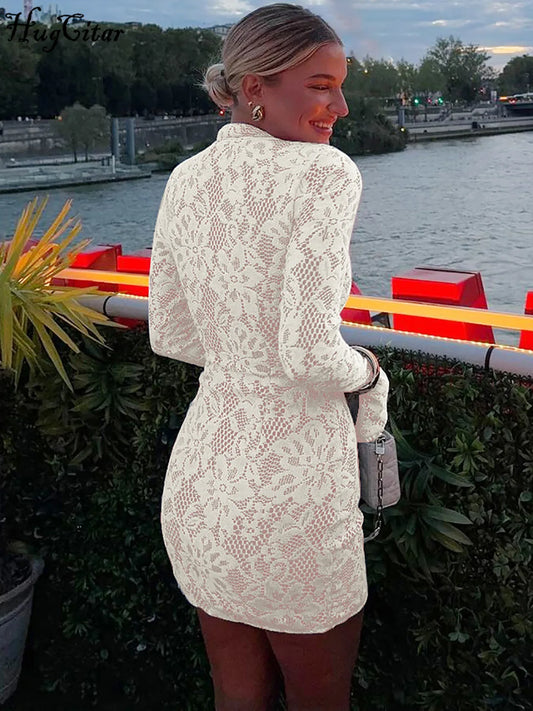 Turtleneck Long Flare Sleeve Patchwork Lace Hollow Out Button Sexy Mini Dress 2025 Spring Women Clothes Party Nightclub