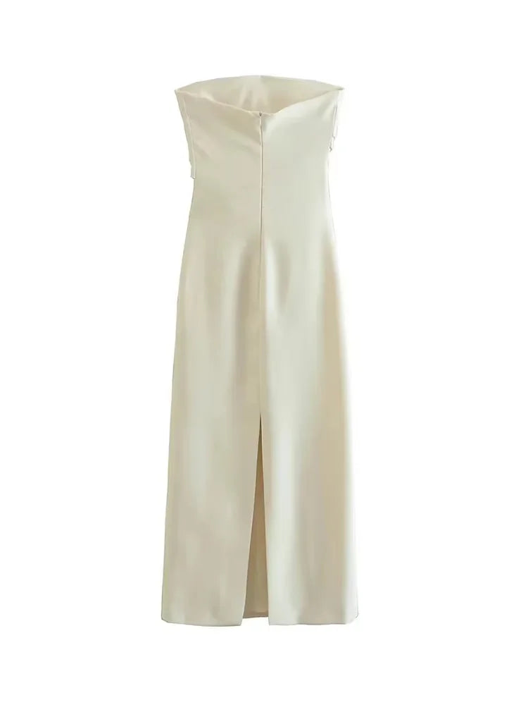 Women Fashion Strapless Gathered Midi Dress Sexy Straight Neck Back Slit Female Dresses Vestidos Mujer