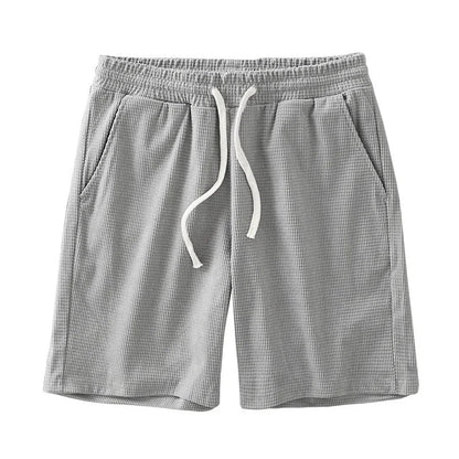 Men Shorts Solid Color Mid Waist Summer Motion Waffle Texture Deep Crotch Drawstring Male Shorts Loose Knee Length Casual Short