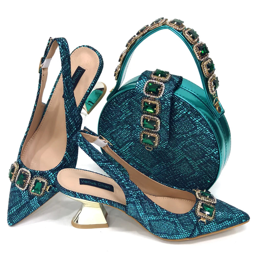 Rhinestone Pointed-Toe High Heels Shoes and Bags Set for Women Wedding and Party Elegant Luxury Fashion in Wine Color