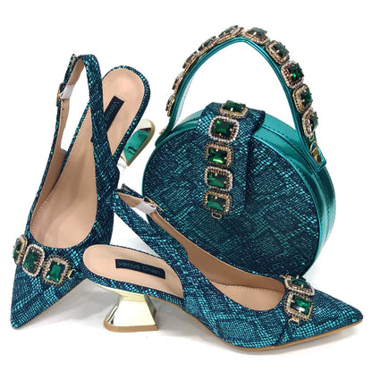 Rhinestone Pointed-Toe High Heels Shoes and Bags Set for Women Wedding and Party Elegant Luxury Fashion in Wine Color