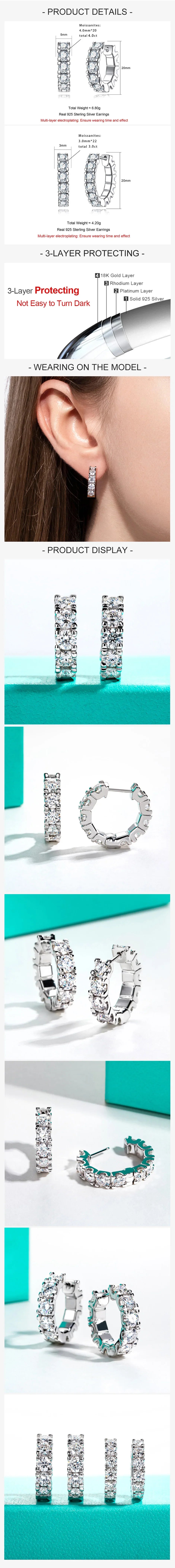 2.6cttw(3mm)/6cttw(4mm) D Color Moissanites Hoop Earrings 925 Sterling Silver Luxury Huggie Earring for Women Jewelry