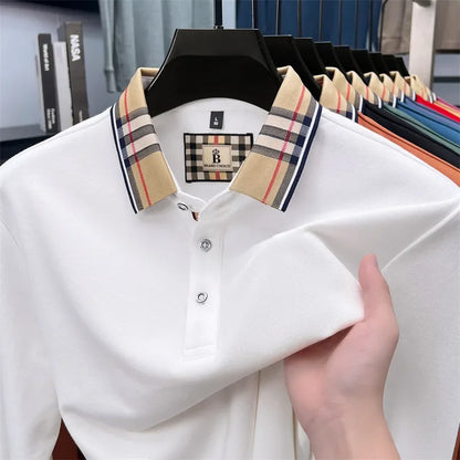 Men's Plaid Long Sleeve Polo Shirt Autumn Winter Casual Office Outdoor Fashion Top Commercial Collar Trendy Men's Clothing