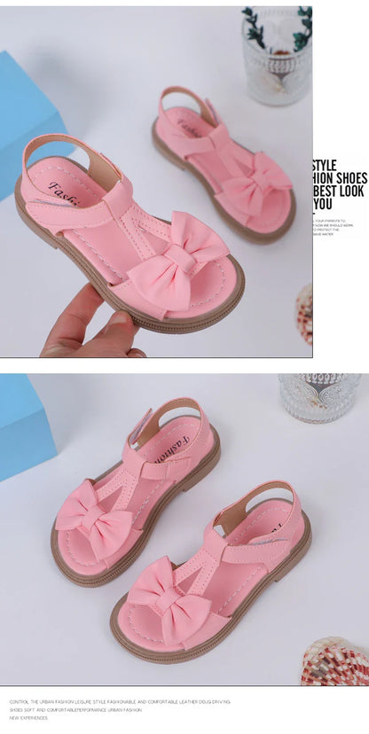 Kids Fashion Girls Sandals New Bow Versatile Open-toe Breathable Simple Platform Casual Shoes Hook Loop Princess Shoes