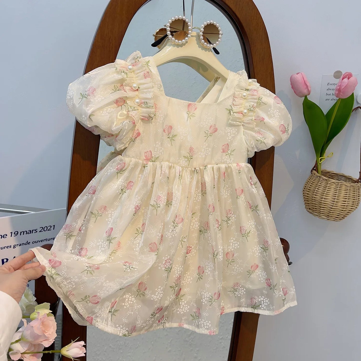 New Summer Princess Girls Dress Full Print Roses Flowers Pearl Inlay Decoration Puff Sleeve Bow Mesh Tutu Party Dresse For Kids