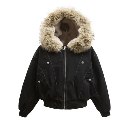 Casaco de Inverno Masculino Hip-hop Novo Casaco Parka Casual Grosso Quente Feminino Streetwear Gola de Vison Falso Solto com Capuz Casaco Curto para Casal