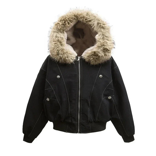 Hip-hop Winter Men Coat New Casual Thick Warm Women Parka Coat Streetwear Loose Hooded Faux Mink Collar Couple Short Coat