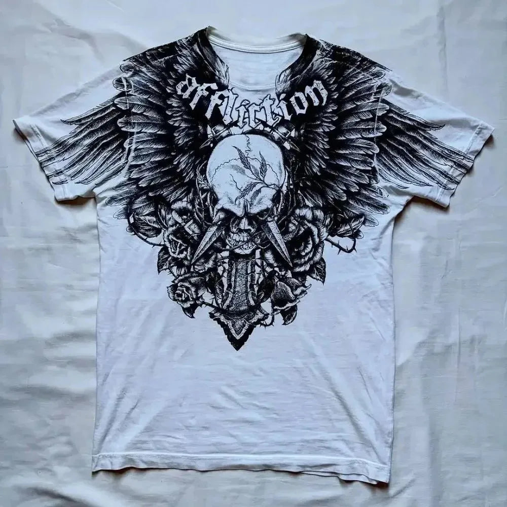 Camiseta masculina europeia e americana com estampa de caveira, confortável e respirável, gola redonda, moda de rua, top para ambientes externos