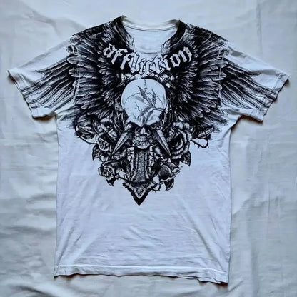 Camiseta masculina europeia e americana com estampa de caveira, confortável e respirável, gola redonda, moda de rua, top para ambientes externos