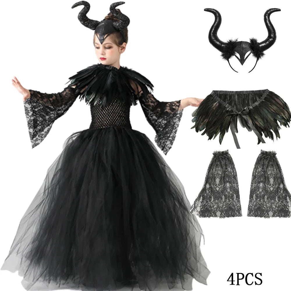 Halloween Maleficent Costume for Girls Evil Queen Dress Up Costumes Witch Devil Black Mesh Princess Dress Cosplay