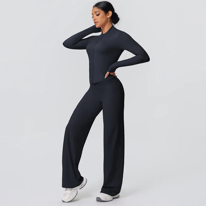 2pieces Quick Drying Sports Fitness Clothing Yoga Set Women Yoga Zipper Long Dleeves High Waisted Breathable Wide Leg Pants Set