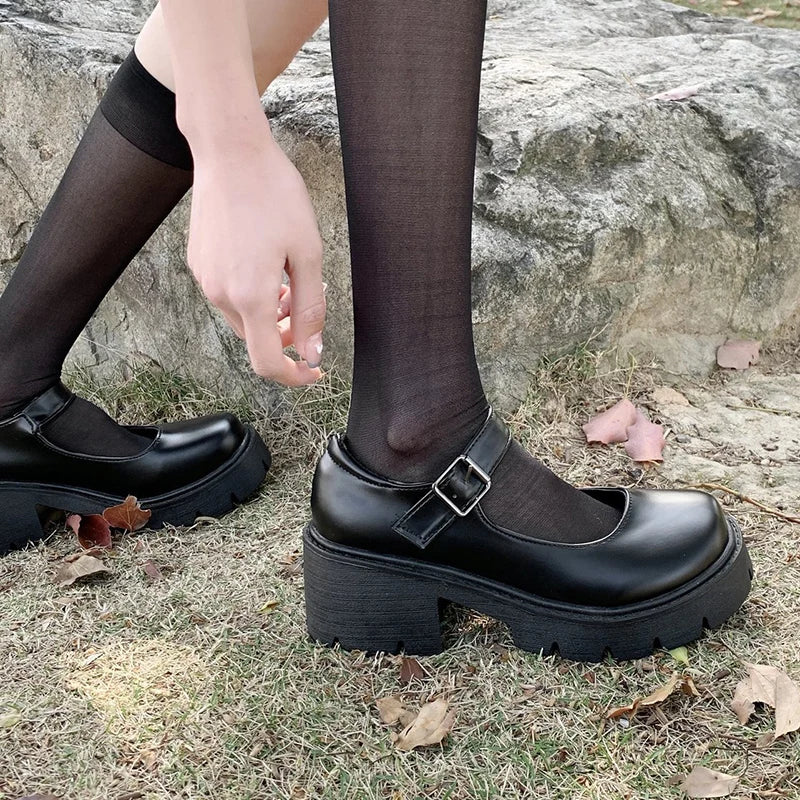 Patent Leather High Heels Mary Jane Shoes Women Japanese Style Ankle Buckle Platform Pumps Woman Punk Jk Uniform Lolita Shoes 43