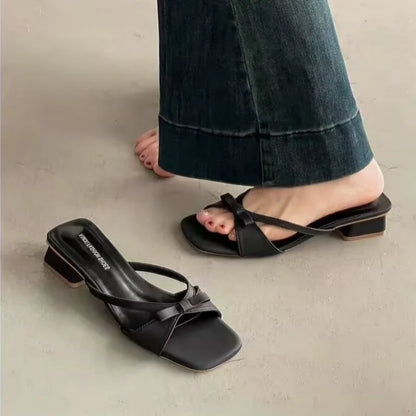 2026 Summer New Elegant Square Toe Bow Low Heel Slide Sandals Women's Versatile Fairy Style Fashion Slippers
