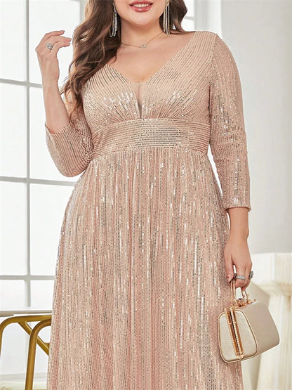 Plus Size Luxury V-Neck Long Sleeves Sequins Evening Dress For Women 2024 Wedding Party Prom Maxi Cocktail Bridesmaid Gowns