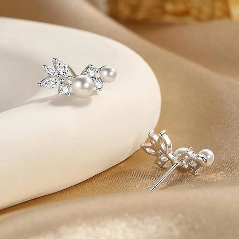 Graceful Gold Color/Silver Color Stud Earrings Lady Simulated Pearl Jewelry Chic Shiny Zirconia Accessories for Wedding