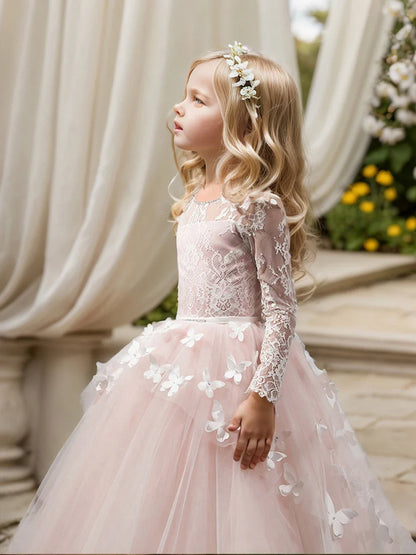 Elegant and lovely butterfly floor mopping flower girl wedding dress, lace long sleeved ball dress