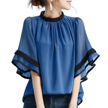 Fashion Summer Shirt O Neck Short Flare Sleeve Work Tops Tunic Loose Chemise Mujer