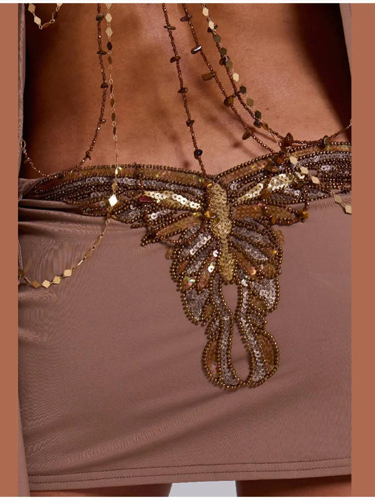 Sexy Gold Chain Decoration Back Hollow Dress Elegant Lantern Sleeve O-neck Mini Robe New Trendy Music Festival Party Outfits