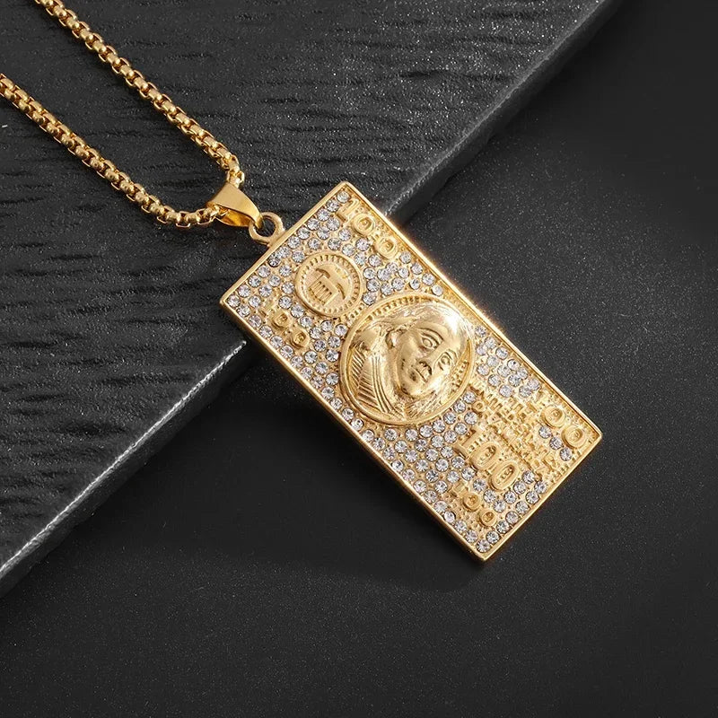 Stainless Steel 100 Dollar Bill Pendant Necklace for Men Women Fashion Lucky Wealth Jewelry Exquisite Gift