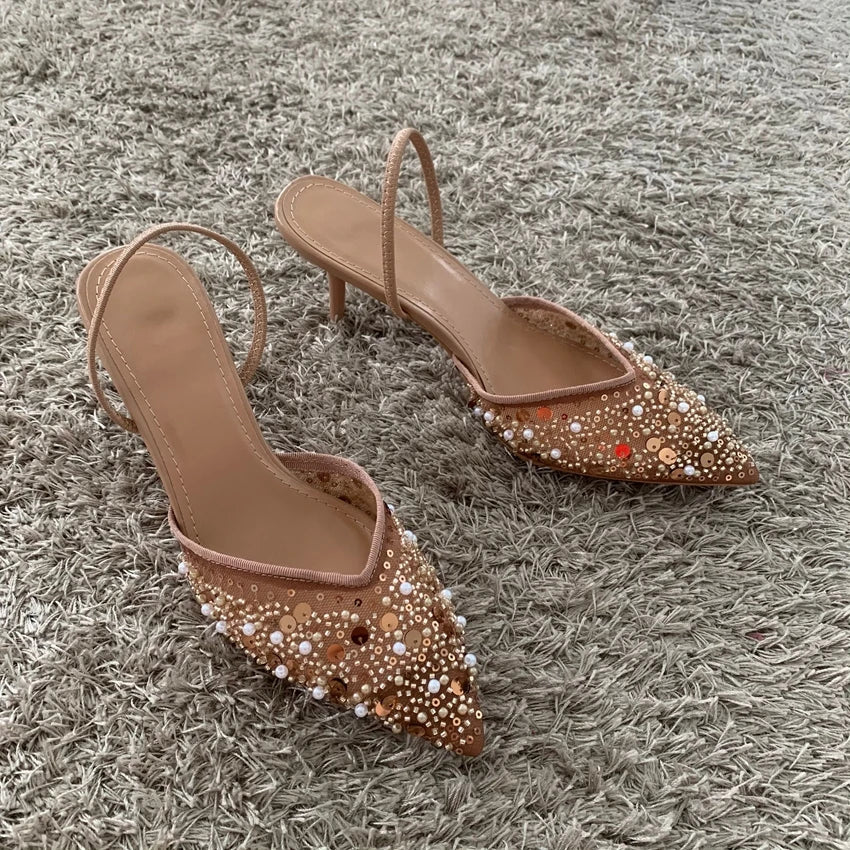 Luxury Fashion Bling String Bead Mesh High Heels Women Sexy Pointed Toe Breathable Heeled Sandals Elegant Slingbacks Women Pumps