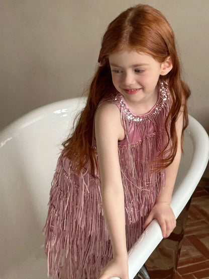 Vestido Infantil Meninas 2025 Verão Novo Moda Infantil Vestido de Borla Brilhante de Luxo Vestido de Aniversário para Meninas
