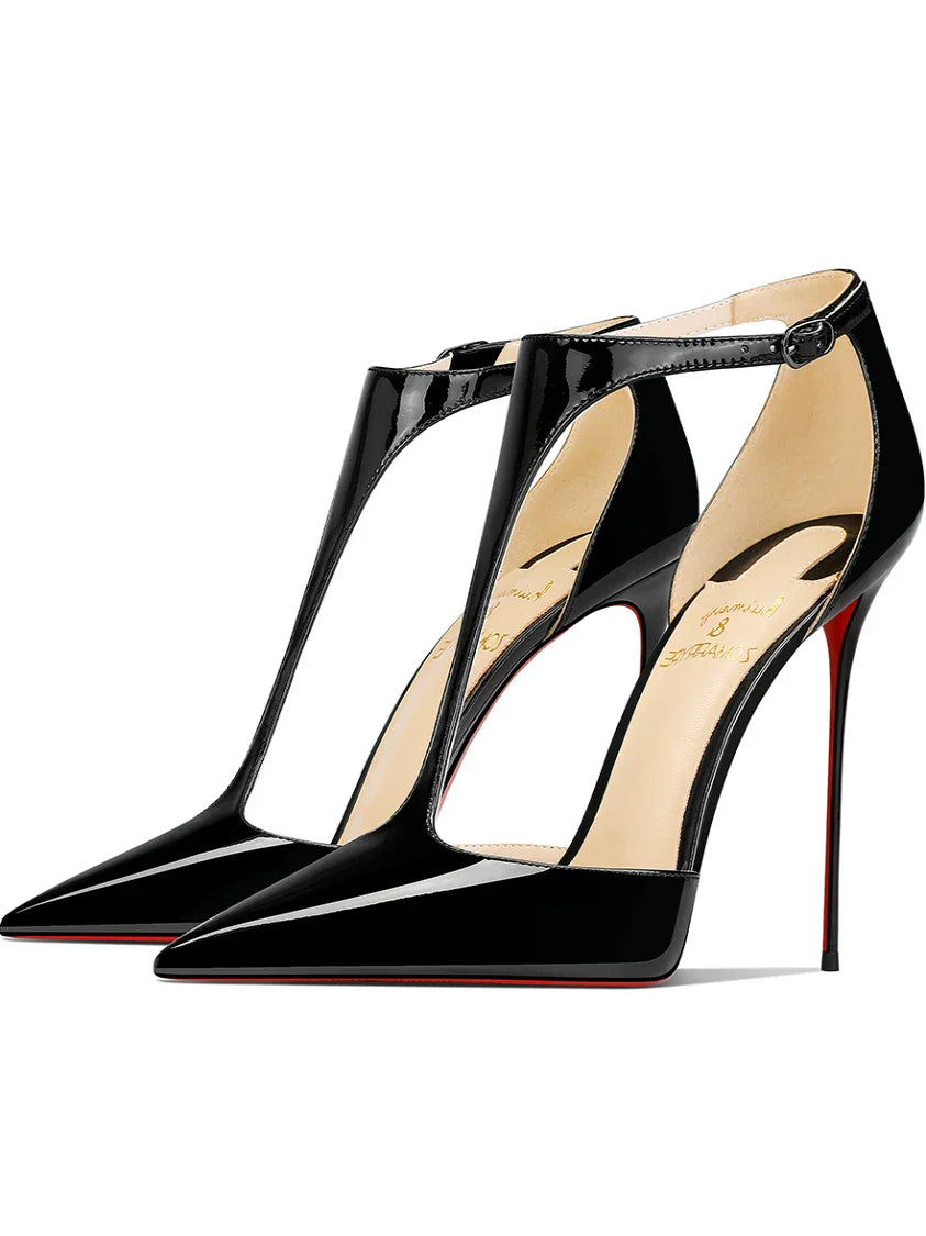 Black patent leather T-belt bag with nightclub sexy 12cm ultra-fine heel pointed party European and American high-heeled sandals