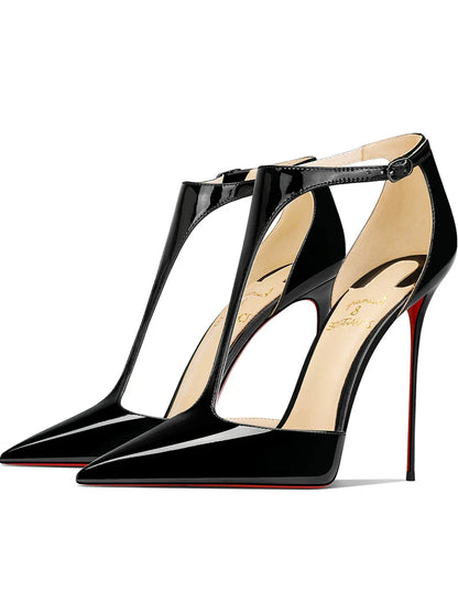 Black patent leather T-belt bag with nightclub sexy 12cm ultra-fine heel pointed party European and American high-heeled sandals