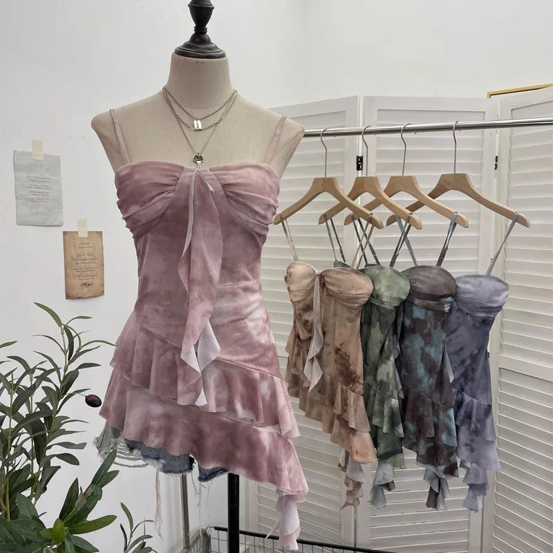2025 Mesh Camisole for Women Stretch Casual Tie Dyeing Braless Sleeveless Adjustable Straps Asymmetrical Ruffle Tops