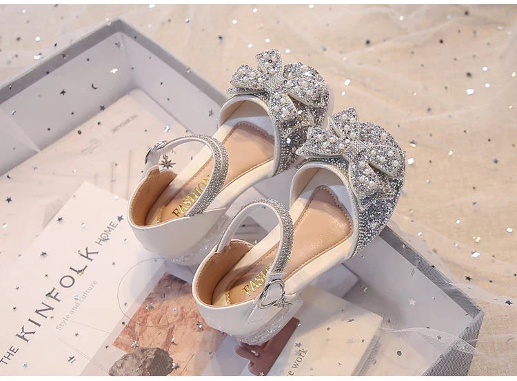 Kid's Sandals high Heels Pumps Rhinestone Bow Silver Party Breathable Shoes For Girl PU Leather Footwear for Kids Size 26-36