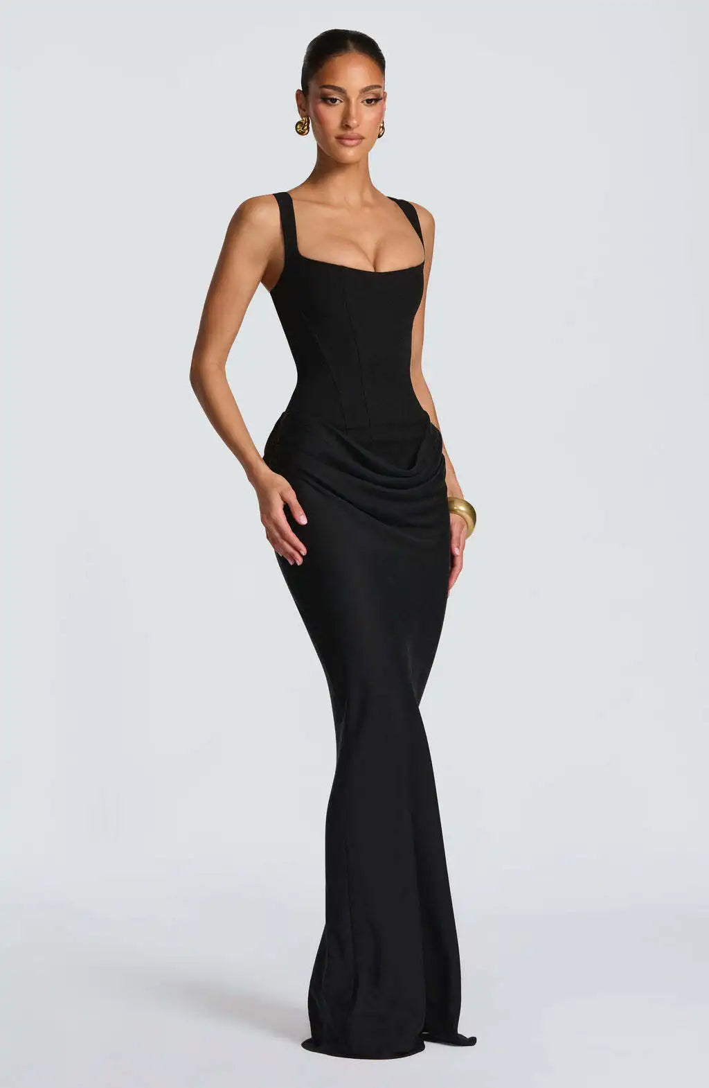 Women's casual long sleeved slim fit fishbone pure desire suspender jumpsuit long skirt slim fit solid color hip hugging dress