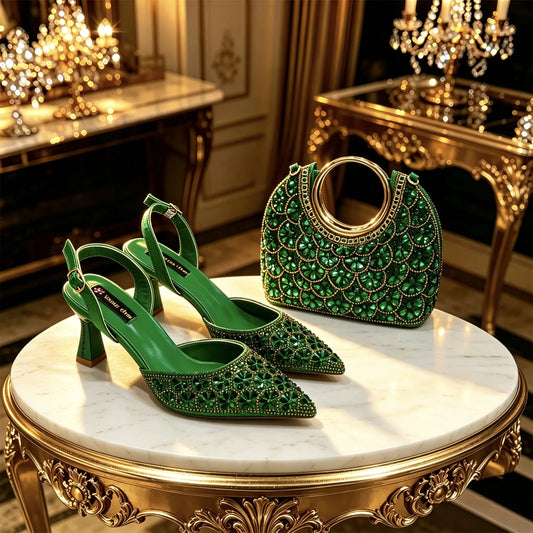 Italian Design Elegant Green Rhinestone Pointed Toe High Heels & Handbag Set - Ideal for Weddings and Special Occasions