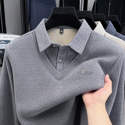 Winter Men's Vacation Two-piece Thick Woolen Sweater with A Warm Collar and Knitted Polo Base for Middle-aged and Elderly People