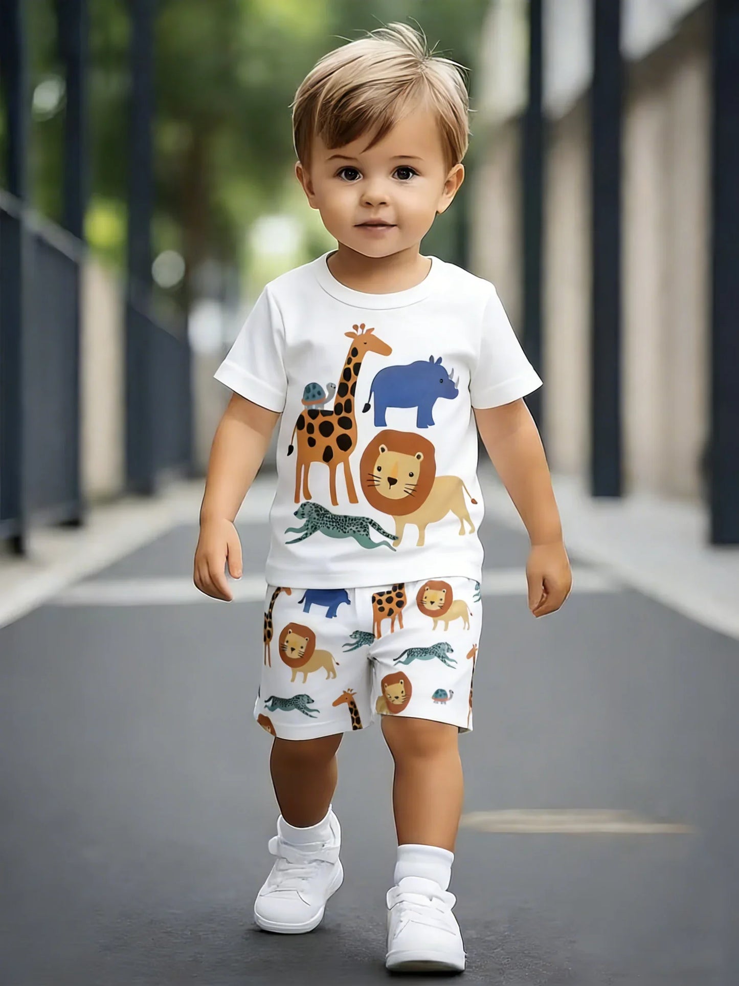 Boys’ zoo print two-piece set: fresh tee + loose shorts, cover kids’ comfort and natural playfulness