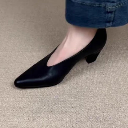 2025 New Women's Pointed Toe Chunky Heel Pumps - French Retro Low Cut Dress Shoes for Office - Comfortable & Versatile