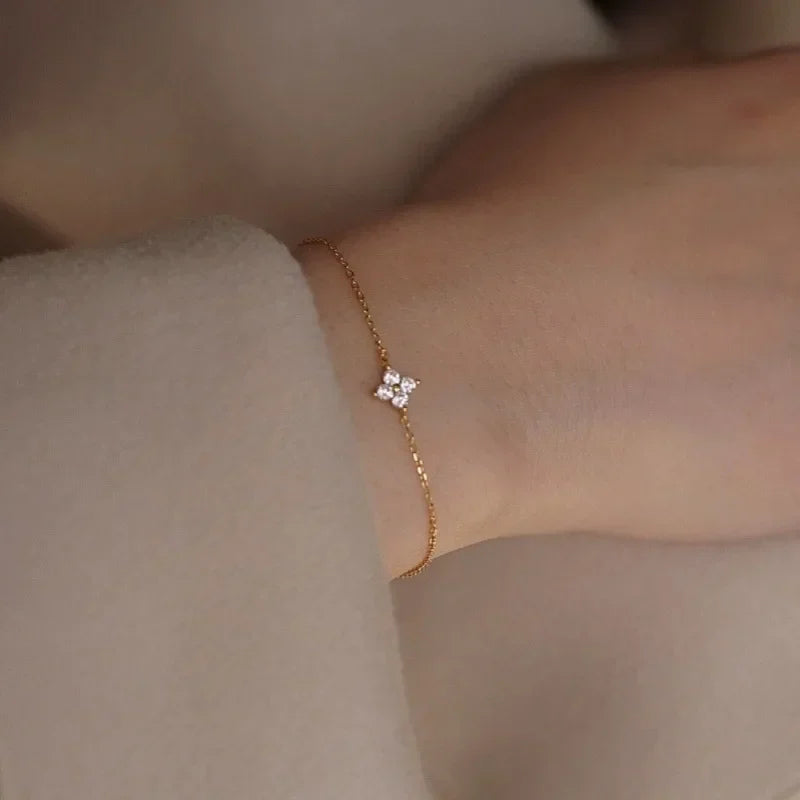 New Stainless Steel Zircon Necklaces for Women 18K Gold Plated Four Leaf Grass Collar Chain Necklace Luxury Jewelry Gift
