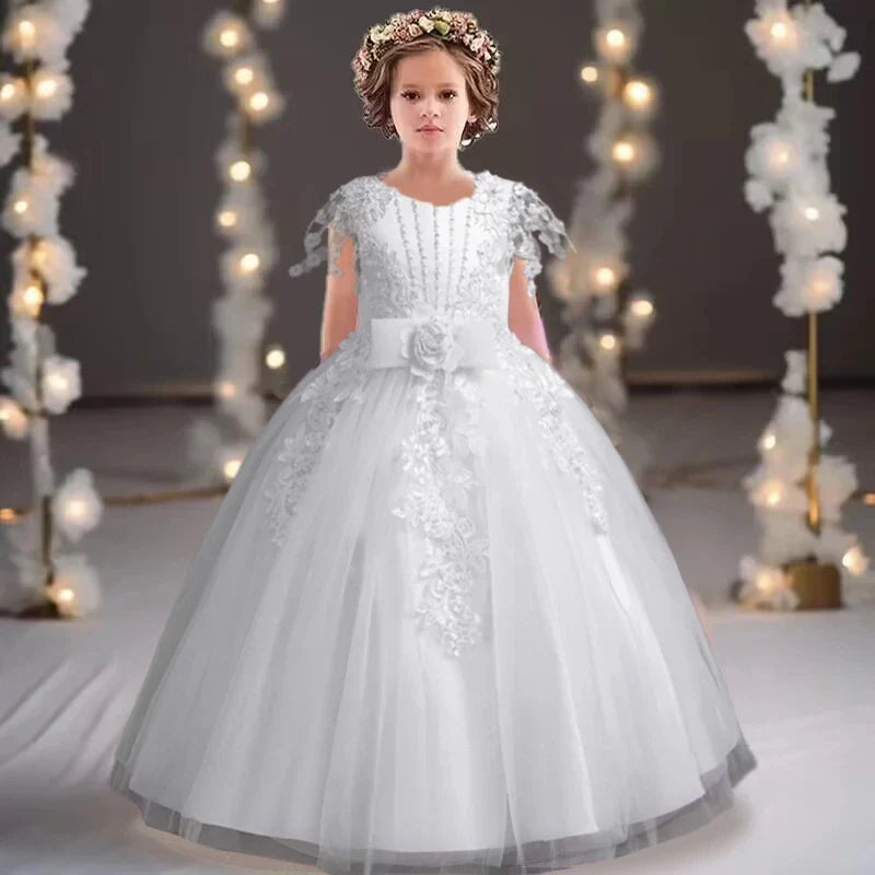 Lace up Tulle Flower Girl Dress Chest with flowers First Communion Ball Gown Wedding Party Bridesmaid Dress Kids 12Y