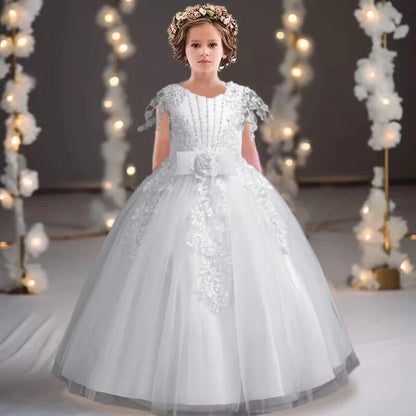 Lace up Tulle Flower Girl Dress Chest with flowers First Communion Ball Gown Wedding Party Bridesmaid Dress Kids 12Y