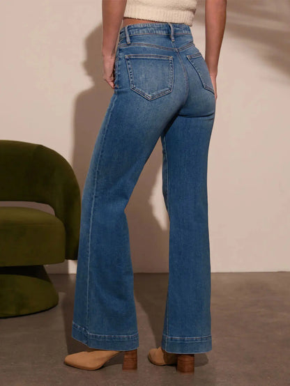 Autumn new women's dark blue high waist straight jeans slim fit wide leg version stretch denim fabric elegant intellectual jeans