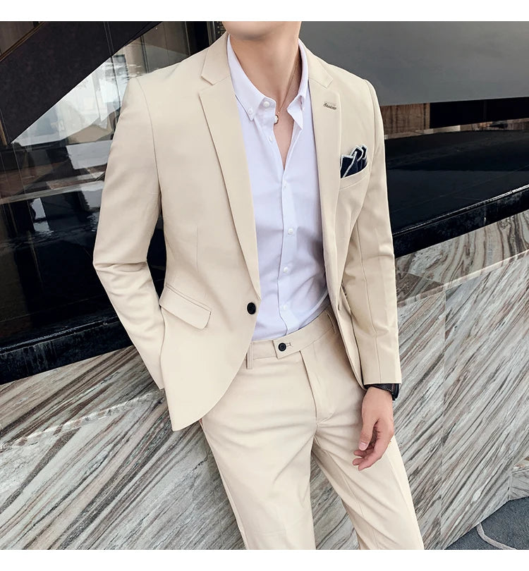 S-7XL Jacket + Pants / Luxurious High -end Brand Solid Color Men's Casual Business Slim Suit Two -piece Suit Groom Wedding Suit