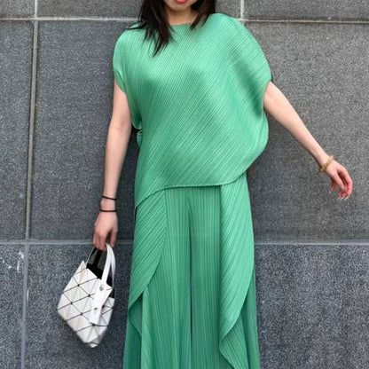 Miyake pleated high-end design fashionable irregular solid color round neck top for women