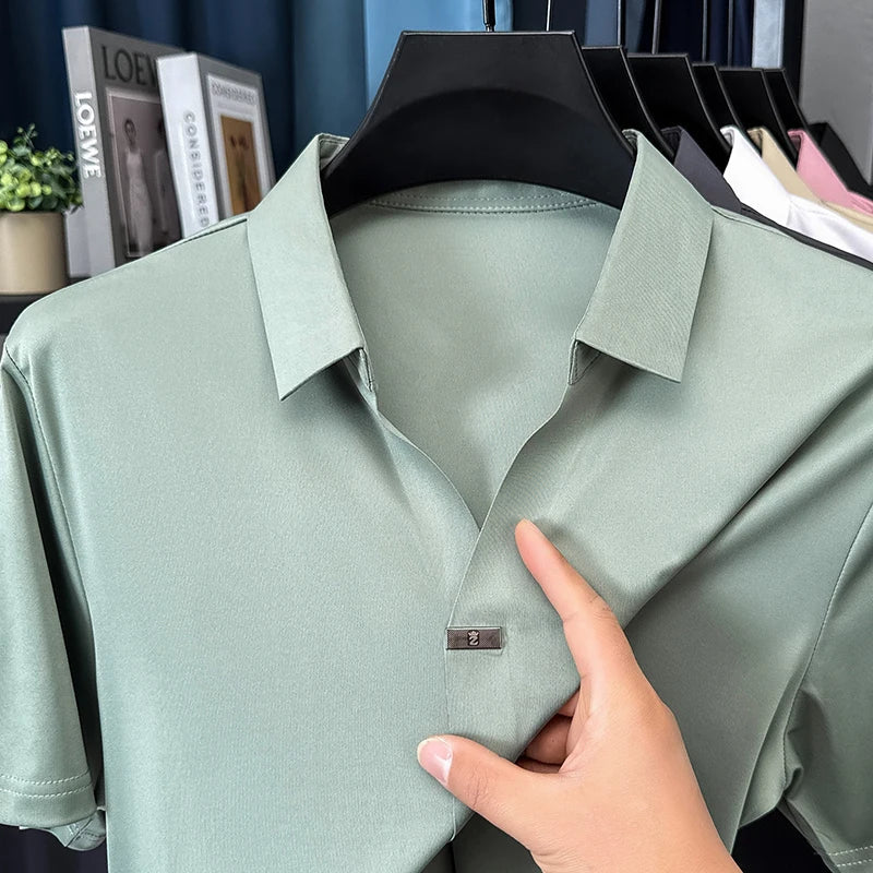 High quality ice silk short sleeve T-shirt men's lapel top trendy brand design cool silky breathable summer casual polo shirt