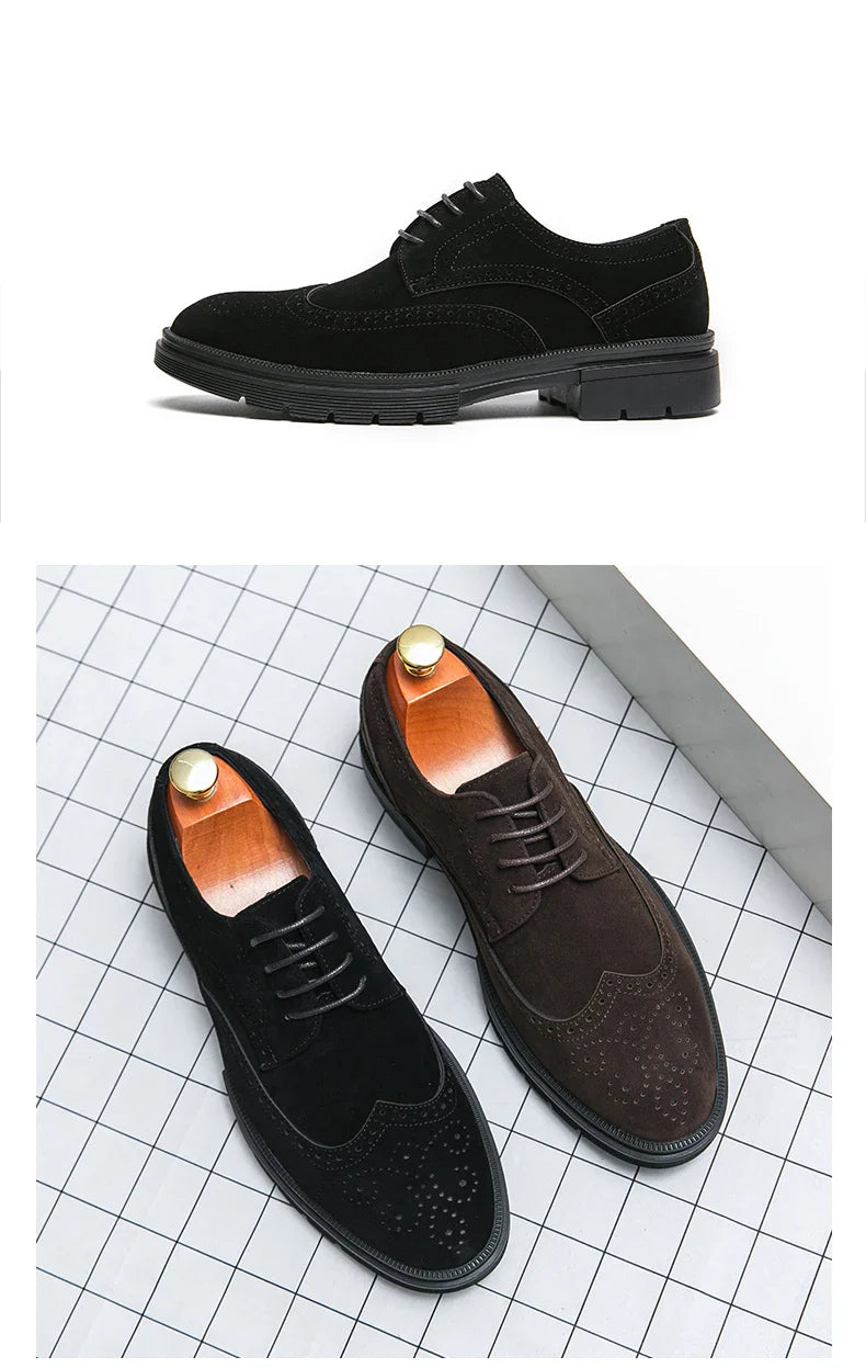 Leather Brock carved business dress shoes for men round head lace-up casual shoes