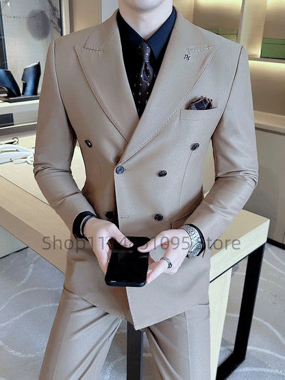 Fashion Navy Blue Business Men Suit Groom Wedding Party Prom Formal Occasion Tuxedos 2 Piece Clothes Set Peak Lapel Blazer Pants