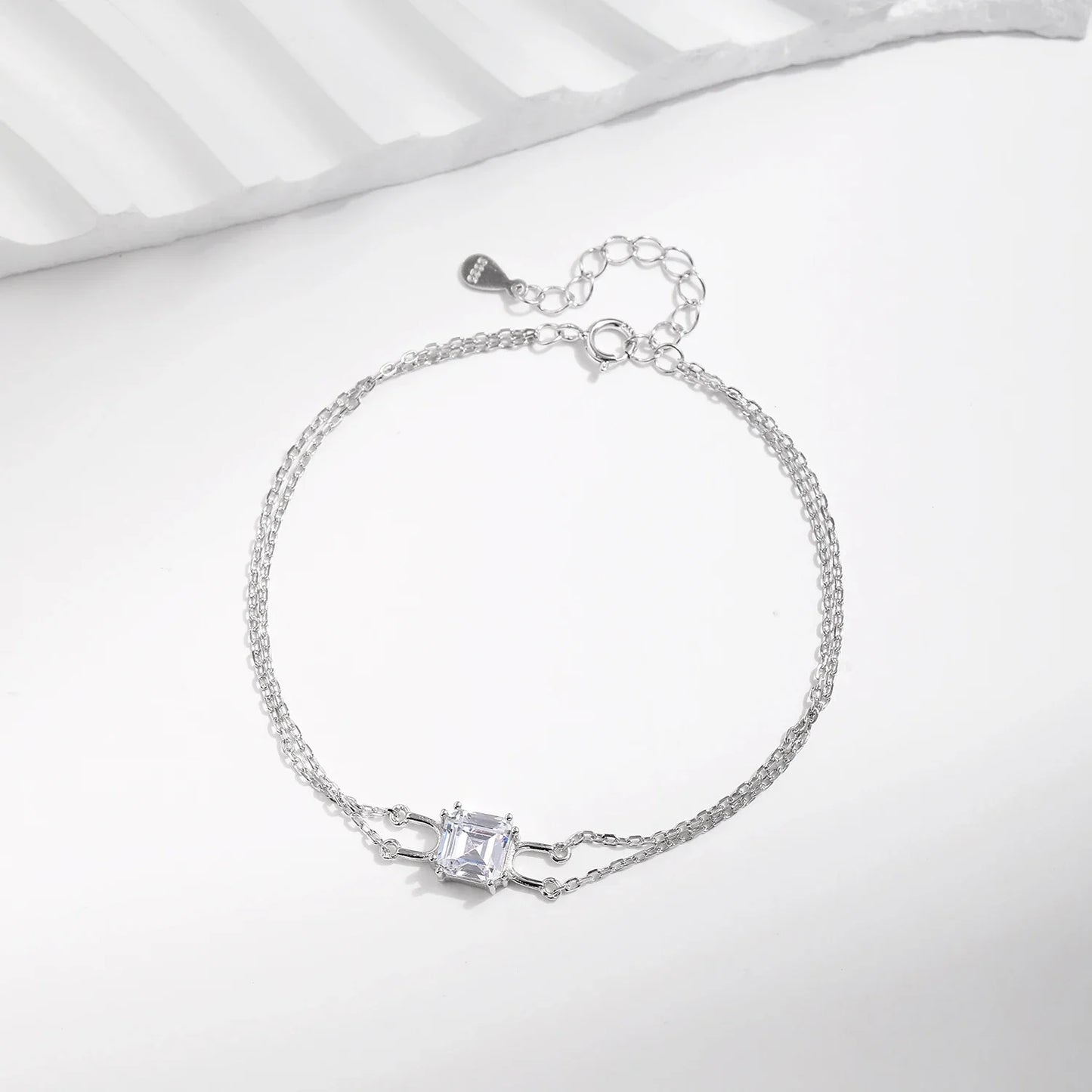 925 Sterling Silver Double Layer Link Chain Bracelet Shiny Square Emerald Cut Wedding Jewelry For Women Anniversary Gift