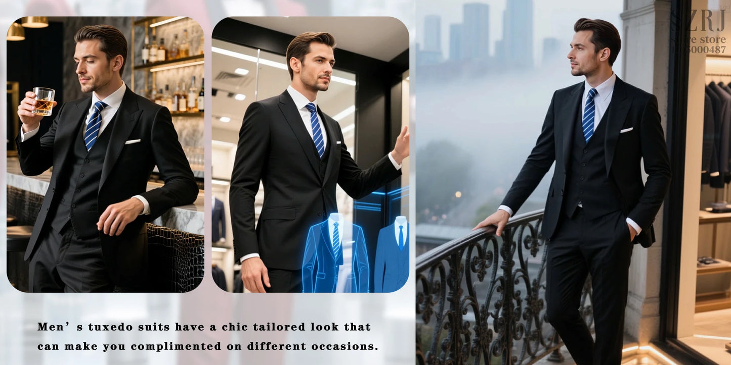 Men's 5-Piece Business Suit Set: Jacket+Vest+Pants+2 Bow Ties (Red+Blue).Premium, Tailored， For Parties, Weddings, Business.